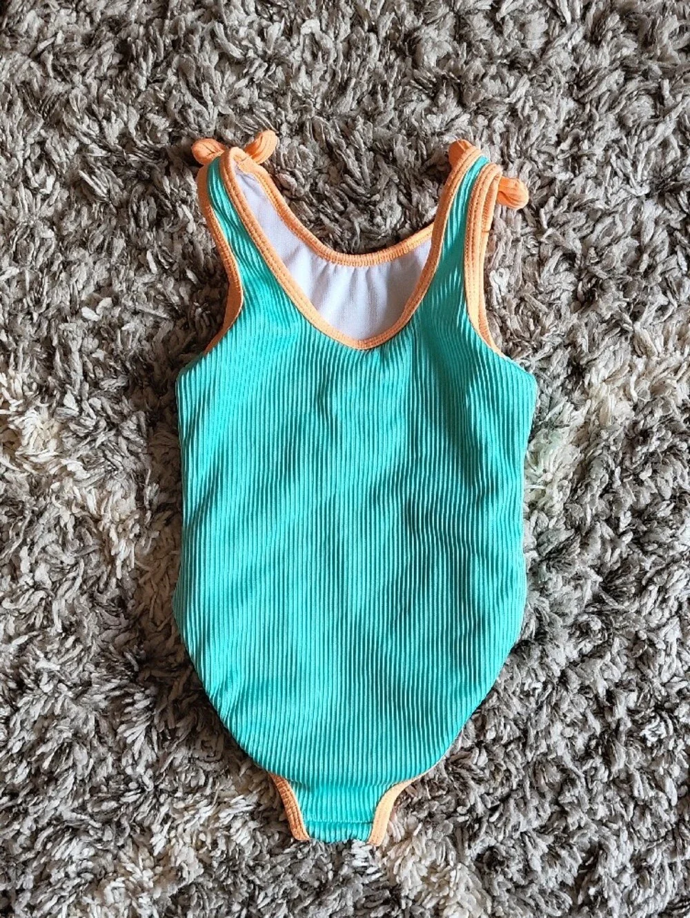 Kids Aqua Ribbed One-Piece Swimsuit with Peach Trim